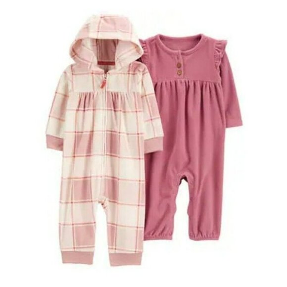 NEW Infant Sz 6M Carter's Baby Girls 2-Pack Pink Jumpsuits Plaid Heart Ruffles - Picture 2 of 8